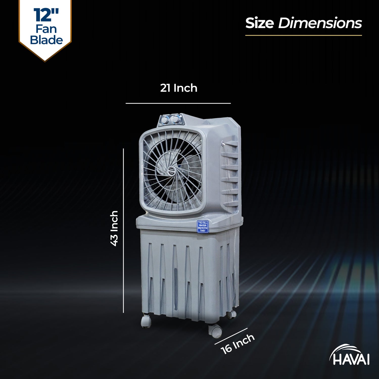 HAVAI Mighty 12 Personal Air Cooler | 12 inch Blade | 50L Tank Capacity, 120W Power, 200 Sq. Ft. Area Coverage | 15 Ft. Air Throw, 3-Speed Control, Grey