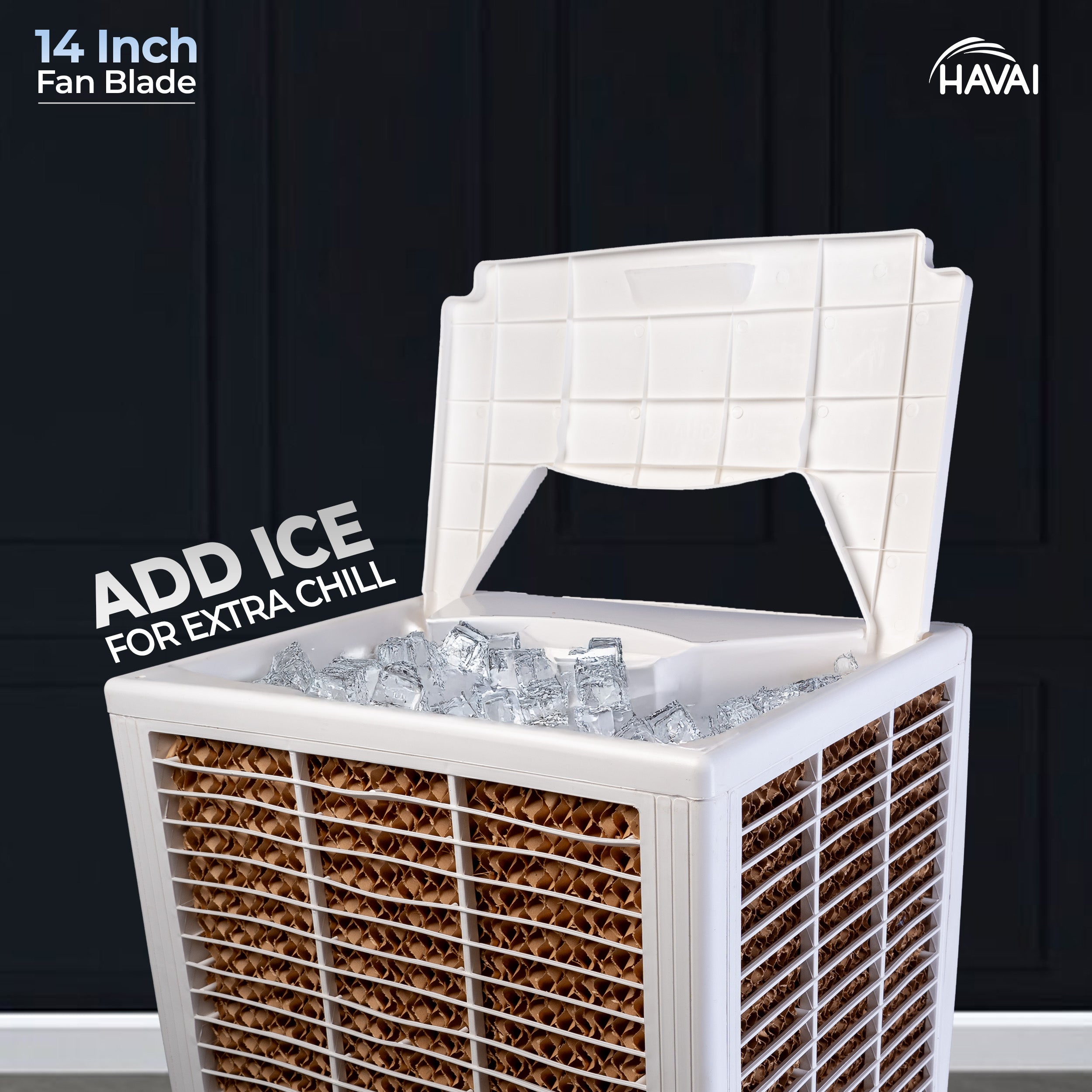 HAVAI JJR Plus Air Cooler |14 inch Fan Blade | 200 Sq. Ft Area Coverage |12-Foot Air Throw | 65 Litre Tank Capacity, Three Side Honeycomb, Ice Chamber, 1 Year Warranty