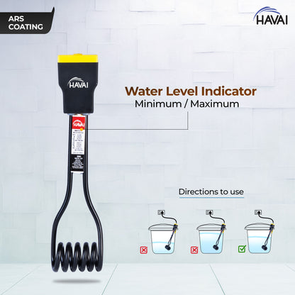 Havai Immersion Rod with ARS Coating | Salt Water Protection | Waterproof | Rust Resistant | ISI Certified 3 Pin Powerchord | Model Flat Yellow Handle | 1 Year Replacement Warranty (2000, Watts)