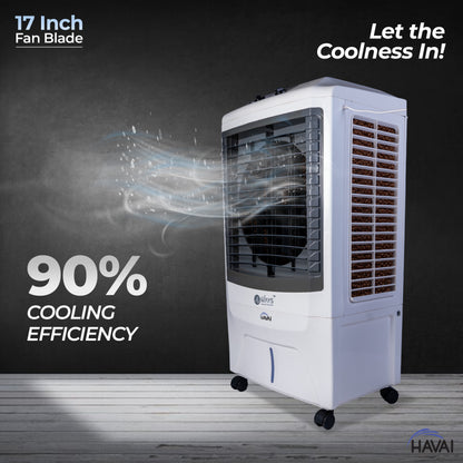 HAVAI 4 Way Plus Cooler | 17-Inch Fan Blade | High Thrust Energy | 500 Sq. Ft Area Coverage | 25-Foot Air Throw | 80 Litre Tank | Three-Side Honeycomb Pads | 1-Year Warranty | Sleek Design