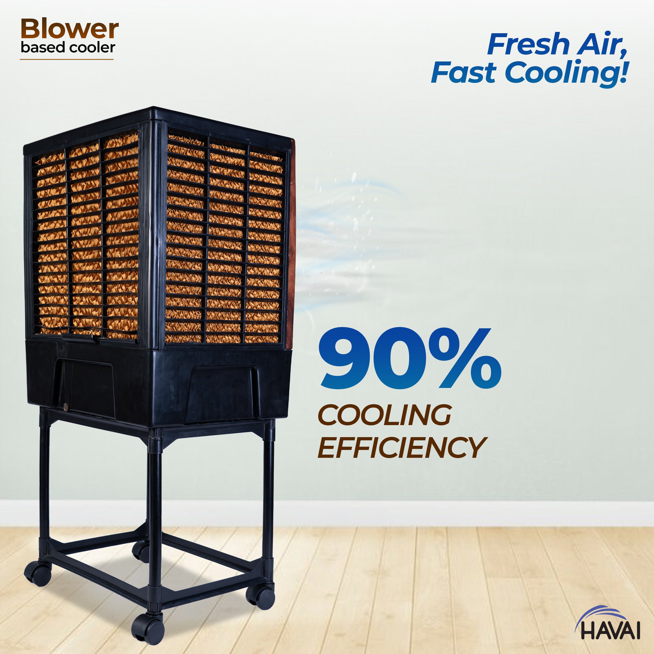 HAVAI KJR Ebony Air Cooler | Wooden Finish | 12-Foot Air Throw | 200 Sq. Ft. Coverage | 35-Litre Tank with Ice Chamber | 3-Sided Honeycomb | Trolley Included | 3-Speed Control | 1-Year Warranty