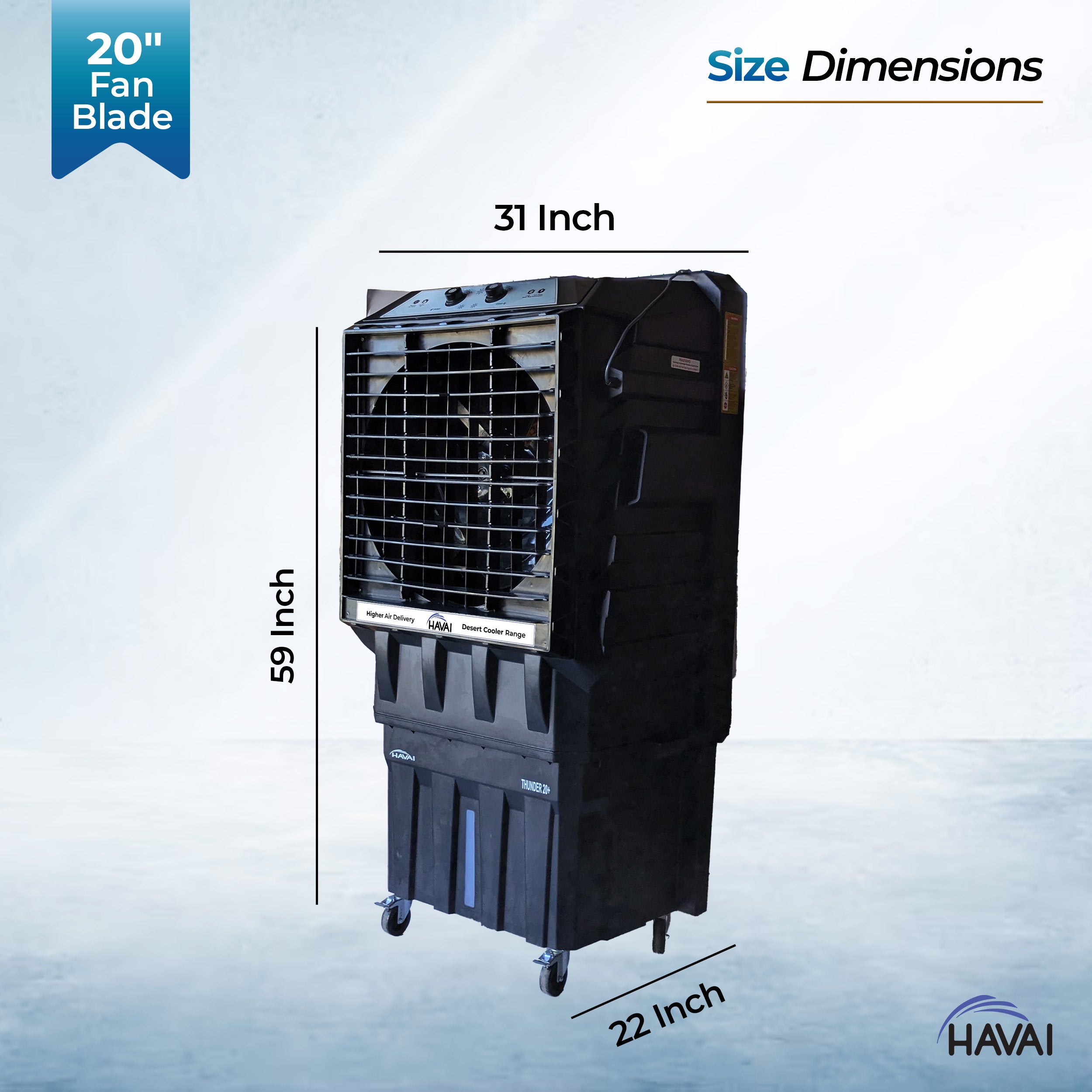 HAVAI Thunder 20+ Desert Cooler |20 Inch Aluminum Blade |600 Feet Area Coverage|130 Litre Tank Capacity, Lockable Wheels, Auto Swing, Thick Dense Honeycomb, 1 Year Warranty|3 Speed Control