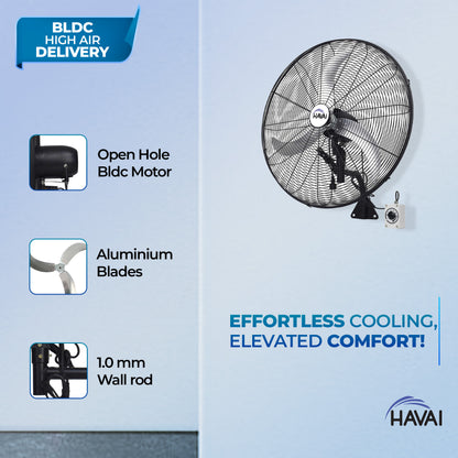 HAVAI 26&quot; BLDC High-Speed Wall-Mount Fan – 3-Blade Design, Energy Efficient (20W-135W), 700-1400 RPM, 13,500 M³/Hr Airflow, 60-Foot Air Throw, 4-Speed Control, 2-Year Warranty