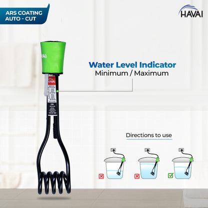 Havai Immersion Rod with ARS Coating | Salt Water Protection | Waterproof| Smart Auto Cut Feature | ISI Certified 3 Pin Powerchord | Model Green Handle | 1 Year Replacement Warranty (1500, Watts)