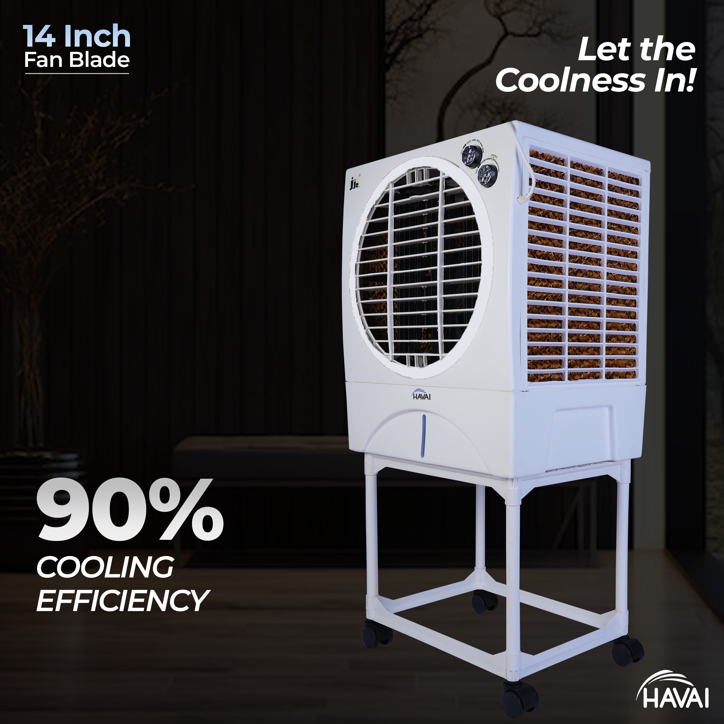 HAVAI JJR Air Cooler |14 inch Blade |Trolley Included |200 Sq. Ft Area Coverage |12-Foot Air Throw | 35 Litre Tank, Three Side Honeycomb, Ice Chamber, 1 Year Warranty