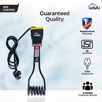 Havai Immersion Rod with ARS Coating | Salt Water Protection | Waterproof | Rust Resistant | ISI Certified 3 Pin Powerchord | Model Flat Yellow Handle | 1 Year Replacement Warranty (1500, Watts)