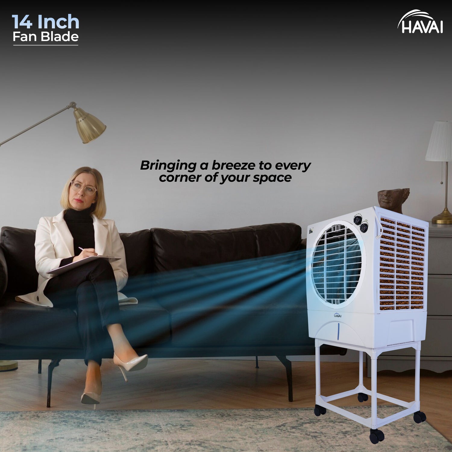 HAVAI JJR Air Cooler |14 inch Blade |Trolley Included |200 Sq. Ft Area Coverage |12-Foot Air Throw | 35 Litre Tank, Three Side Honeycomb, Ice Chamber, 1 Year Warranty