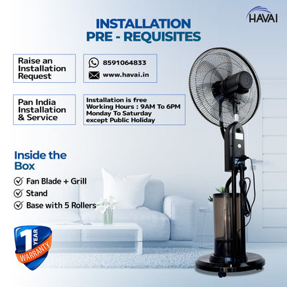 HAVAI RED X 18&quot; BLDC Mist Pedestal Fan – High-Speed, Remote &amp; Touch Control, 6L Tank, 75W Power, 350 Sq Ft Coverage, Easy Install, Black