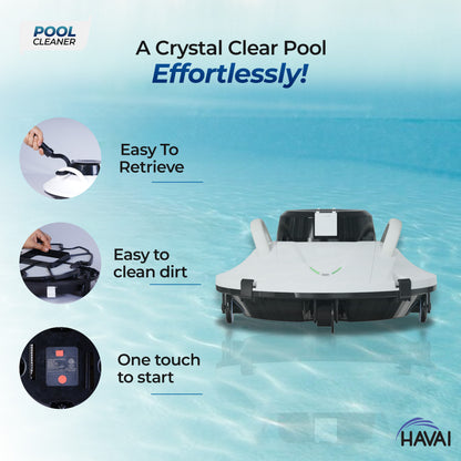 HAVAI Cordless Pool Cleaner - 30W Power, Dual Motor, 4-Wheel Robotic Pool Vacuum with Bottom Scrapers - Ideal for Cleaning Pool Floors and Removing Dirt Easily, 1 Year Warranty