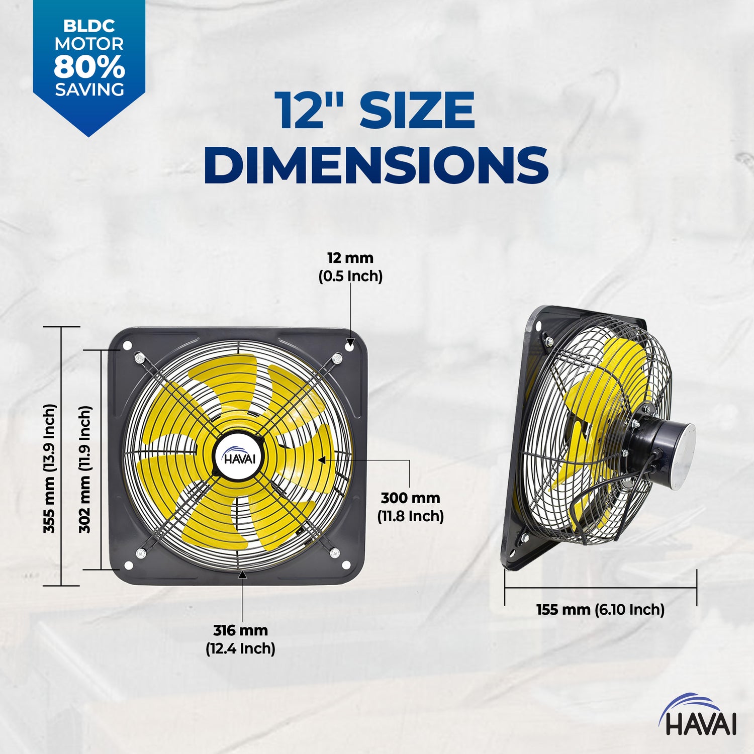 HAVAI BLDC Exhaust Fan | Power : 10W - 120W | Speed: 450-2800 RPM | Air Volume: 200-3600 m³/h | 1-Year Warranty | Stepless Speed Control | Metal Frame Included | Soundless (12-Inch Blade)