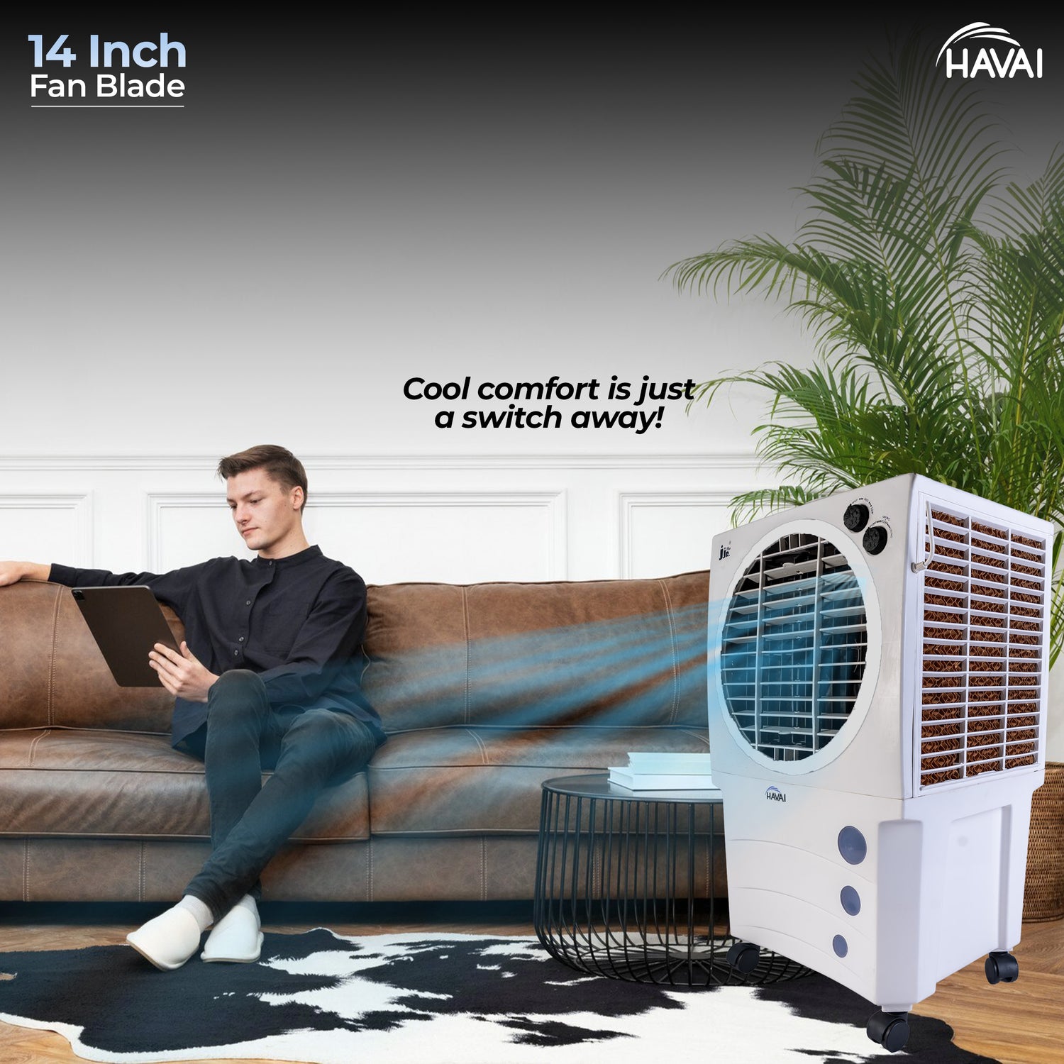 HAVAI JJR Plus Air Cooler |14 inch Fan Blade | 200 Sq. Ft Area Coverage |12-Foot Air Throw | 65 Litre Tank Capacity, Three Side Honeycomb, Ice Chamber, 1 Year Warranty