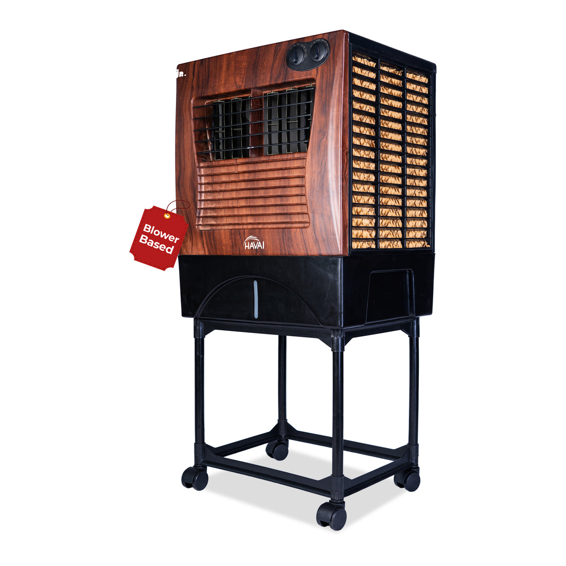 HAVAI KJR Ebony Air Cooler | Wooden Finish | 12-Foot Air Throw | 200 Sq. Ft. Coverage | 35-Litre Tank with Ice Chamber | 3-Sided Honeycomb | Trolley Included | 3-Speed Control | 1-Year Warranty