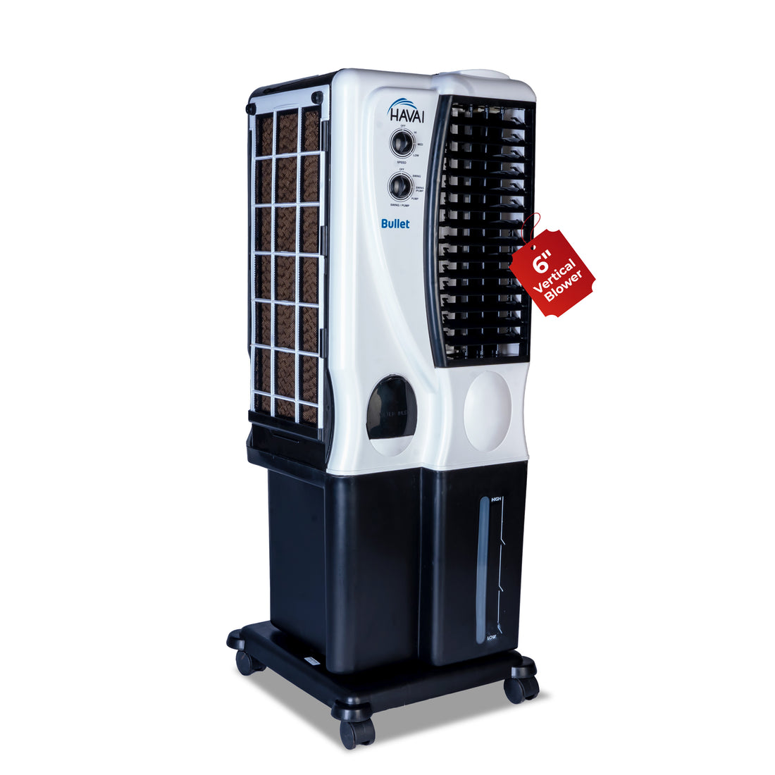 HAVAI Bullet Tower Cooler |6 Inch Vertical Blower |100 Sq Feet Area Coverage|20 Litre Tank Capacity, Two Side Honeycomb, 10 Feet Air Throw, 1 Year Warranty|3 Speed Control | White and Black Color