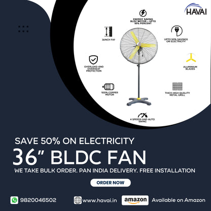 HAVAI BLDC Pedestal Fan 36 inch, 50% Savings on Electricity, High Velocity, Heavy Duty Metal for Industrial, Commercial and Residential Use, Assembly Included